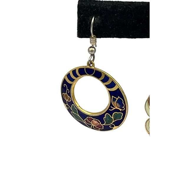Vintage Cloisonné Enamel Earrings Set Of 3 - Floral Bird & Heart Designs - Picture 2 of 10